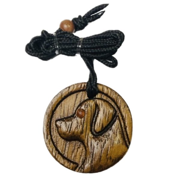 Wooden Dog Face Pendant Necklace Dark