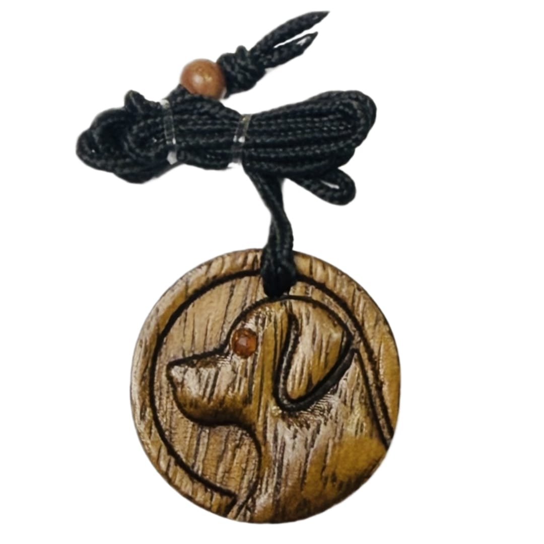 Wooden Dog Face Pendant Necklace Dark